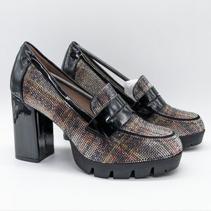 Betsey Johnson Adelyn white plaid rhinestone heel loafer 8.5